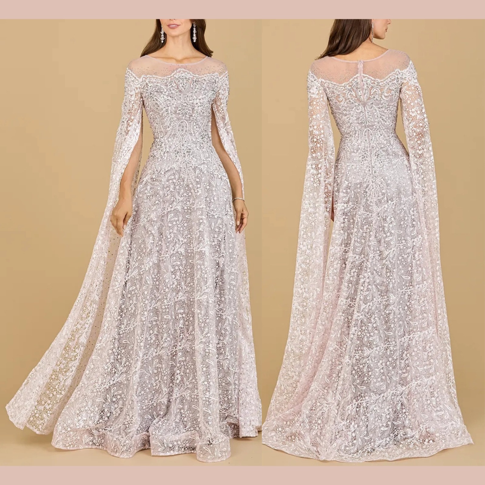 Nwt $598 Lara Ny [ 16 ] Lace Cape Long Sleeve A-Line Gown In Pink #S1894